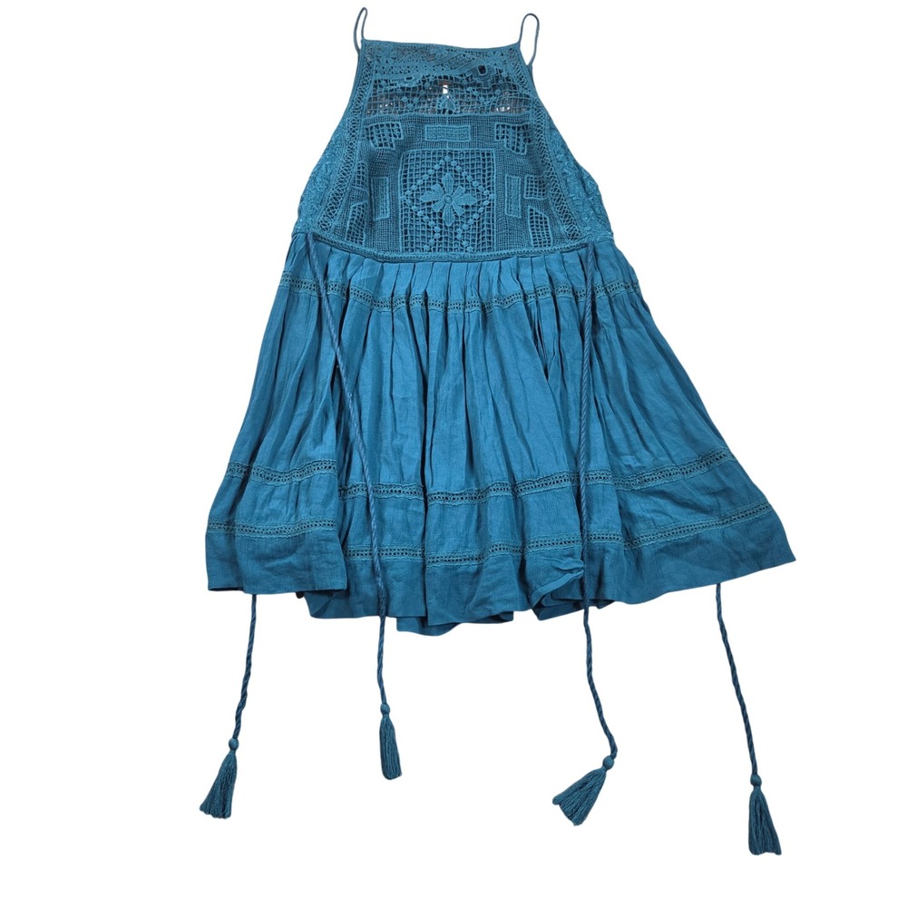 Free People Mini Dress Tunic Top XS Teal Blue Crochet Lace Tassel